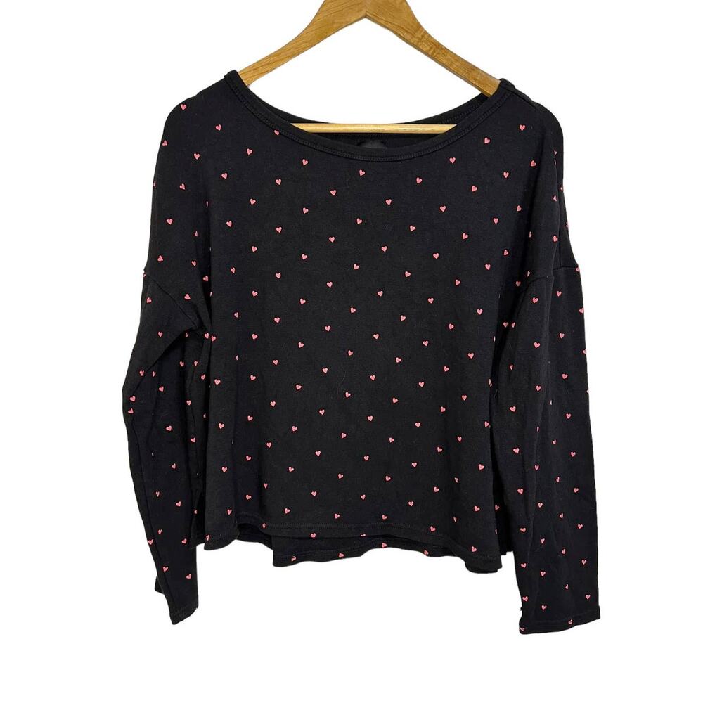 Plush Women’s Black Long Sleeve Top Fleece Lined Pink‎ Heart Print Size Small